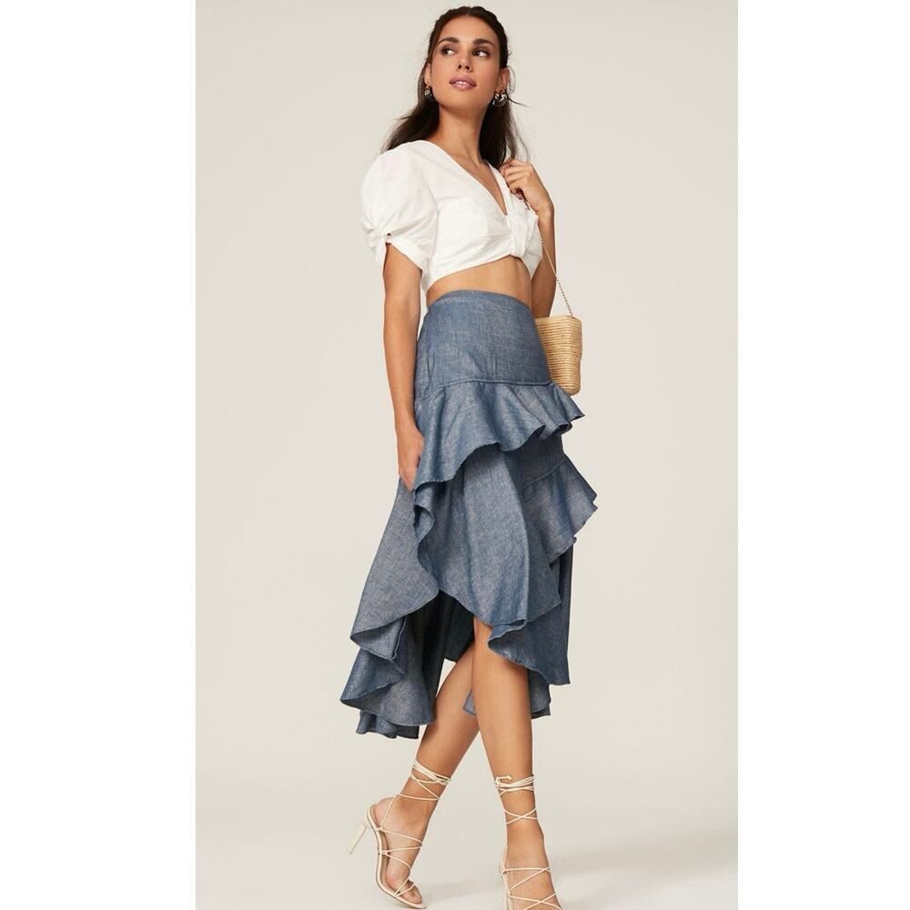 AMUR Blue Cascading Layers Asymmetrical Ruffles Winslow Linen Blend Skirt size 4